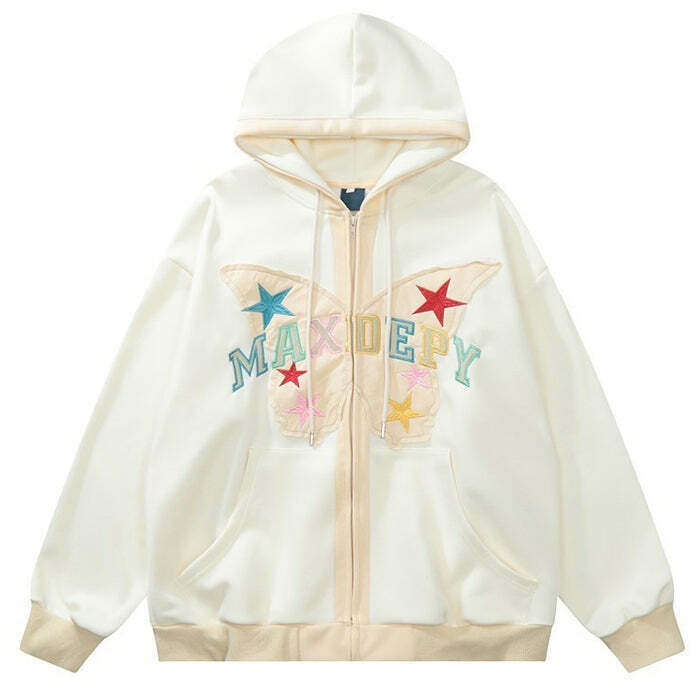 Y2K Butterfly Embroidery Zip Up Hoodie - 90s Grunge, Retro, Summer, Party, Club Outfits