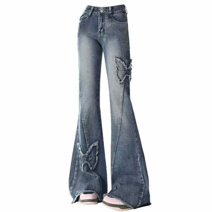 Y2K Butterfly Flare Jeans - Retro 90s Grunge, Summer Y2K Outfits, Pastel Goth