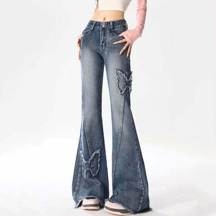 Y2K Butterfly Flare Jeans - Retro 90s Grunge, Summer Y2K Outfits, Pastel Goth