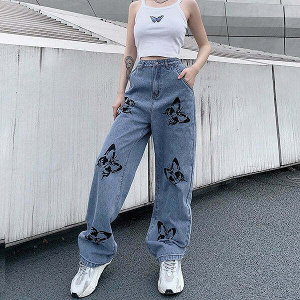 Y2K Butterfly Print Jeans - Retro 90s Grunge Summer Outfit, Pastel Goth, Hip Hop Fashion