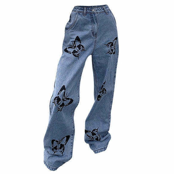 Y2K Butterfly Print Jeans - Retro 90s Grunge Summer Outfit, Pastel Goth, Hip Hop Fashion