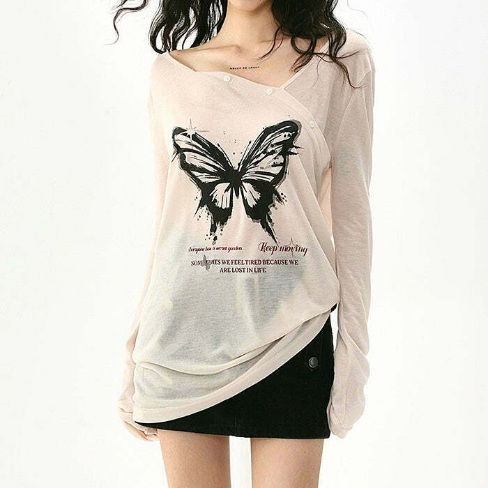 Y2K Butterfly Print See Through Top - 90s Grunge, Retro, Summer, Party, and Club Outfits