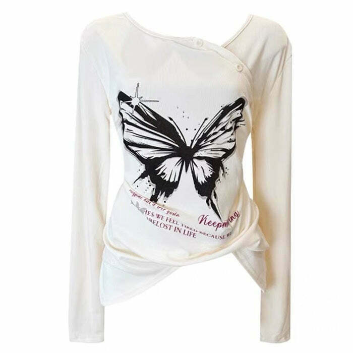 Y2K Butterfly Print See Through Top - 90s Grunge, Retro, Summer, Party, and Club Outfits