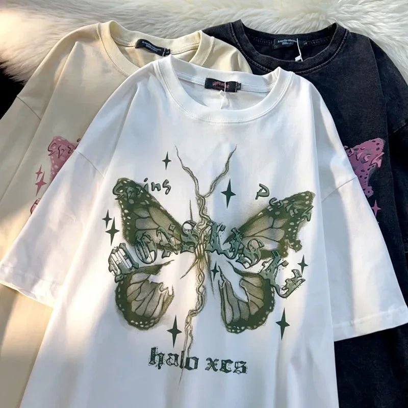 Y2K Butterfly Printed Cotton T-Shirt - 90s Grunge, Retro Summer, Pastel Goth, Y2K