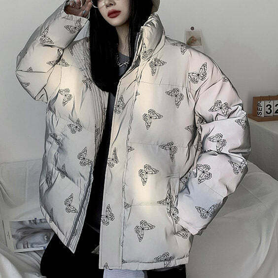 Y2K Butterfly Reflective Jacket - 90s Grunge, Retro Summer, Pastel Goth, Club Outfit