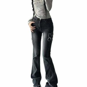 Y2K Butterfly Spliced Flare Jeans - Retro 90s Grunge, Summer & Party Outfits