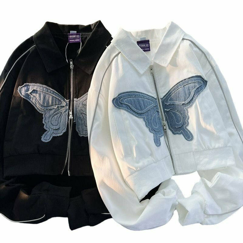 Y2K Butterfly Zipper Cropped Jacket - 90s Grunge, Retro Summer, Pastel Goth, Y2