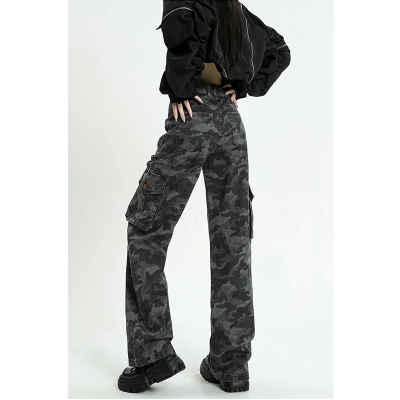 Y2K Camo High Waist Overalls: American Streetwear Style