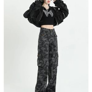 Y2K Camo High Waist Overalls: American Streetwear Style