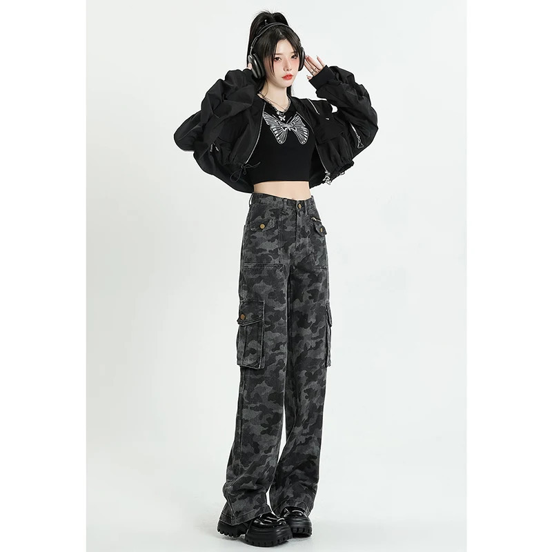 Y2K Camo High Waist Overalls: American Streetwear Style