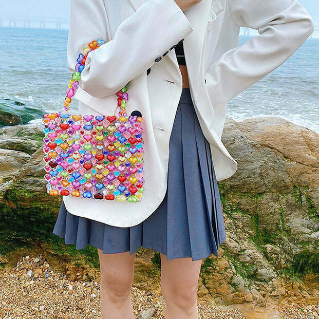 Y2K Candy Hearts Beaded Handbag - Retro 90s Grunge, Summer Party, and Club Outfit Essential