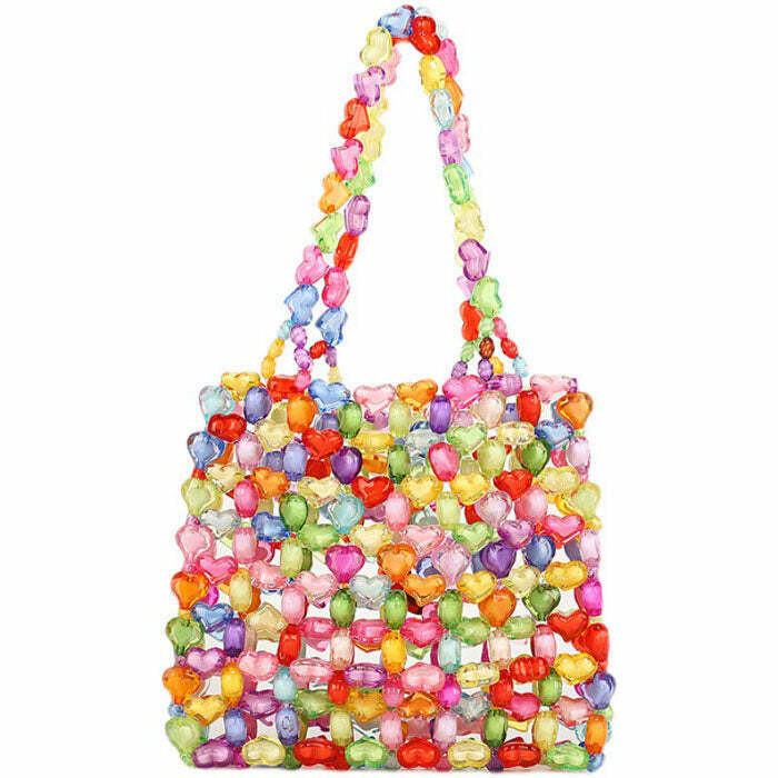 Y2K Candy Hearts Beaded Handbag - Retro 90s Grunge, Summer Party, and Club Outfit Essential