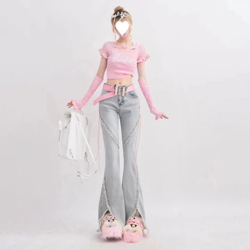 Y2K Candy Stripe Flare Jeans - Retro 90s Grunge, Summer Outfits, and Pastel Goth Style