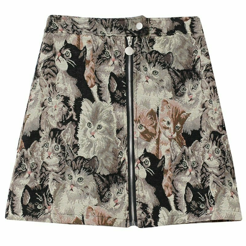 Y2K Cat Pattern Skirt - Retro 90s Grunge Summer Outfit, Pastel Goth, Y2K Party