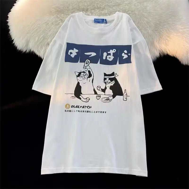 Y2K Cat Print Minimalist T-Shirt - Retro 90s Grunge Summer Outfit, Y2K Fashion Essential