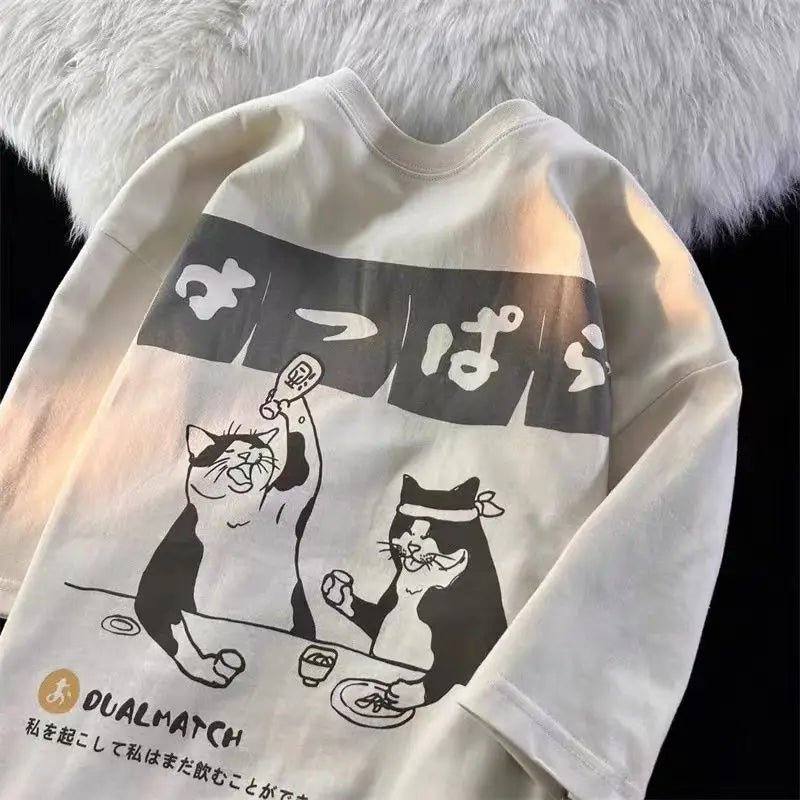 Y2K Cat Print Minimalist T-Shirt - Retro 90s Grunge Summer Outfit, Y2K Fashion Essential