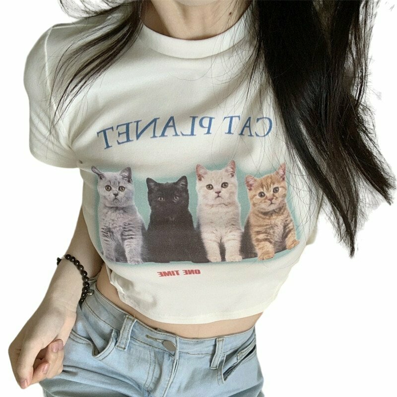 Y2K Cat Print Summer Crop Top - Retro 90s Grunge, Pastel Goth, Y2K Party &