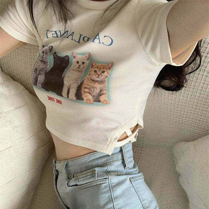 Y2K Cat Print Summer Crop Top - Retro 90s Grunge, Pastel Goth, Y2K Party &