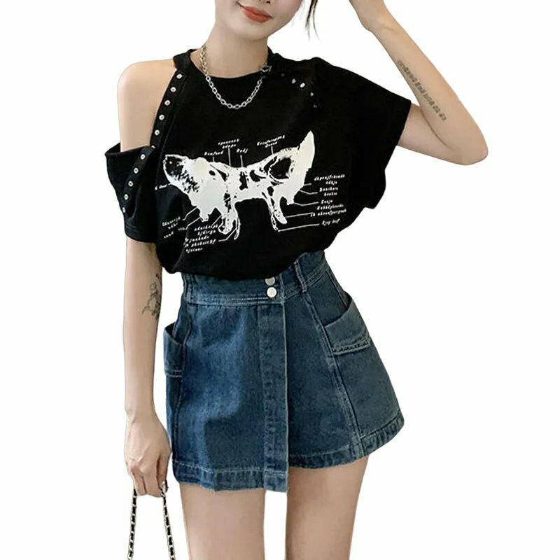 Y2K Chain Print Off-Shoulder T-Shirt - 90s Grunge, Retro Summer, Party & Club Out