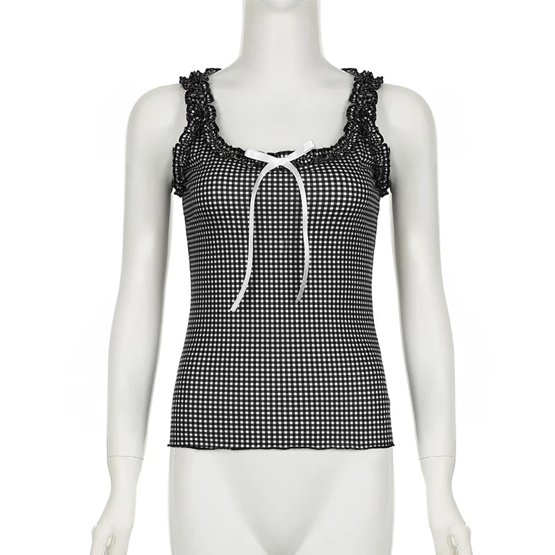 Y2K Checkerboard Ruffle Camisole Top - 90s Grunge, Retro Summer, Pastel Goth,