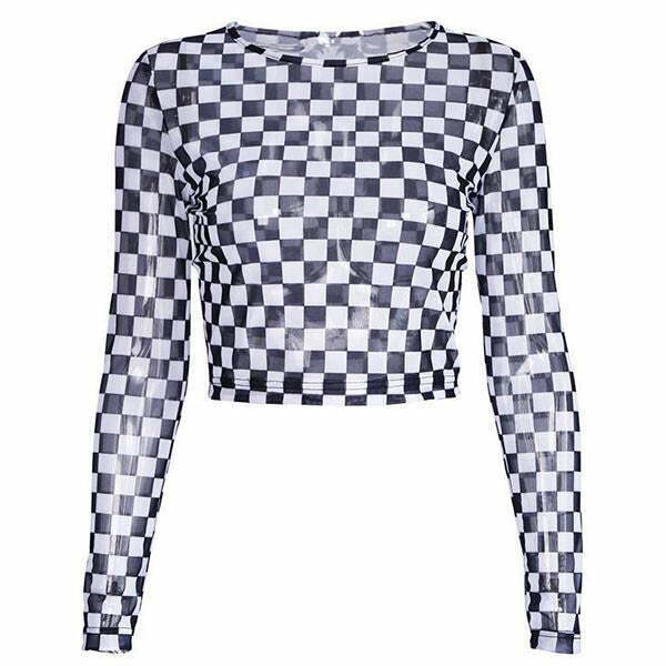 Y2K Checkered Long Sleeve Crop Top - 90s Grunge, Retro, Summer, Party, and Club Out