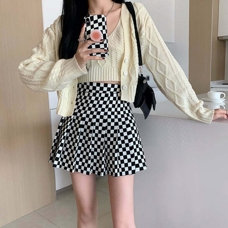 Y2K Checkered Print Pleated Skirt - 90s Grunge, Retro Summer, Pastel Goth, Party