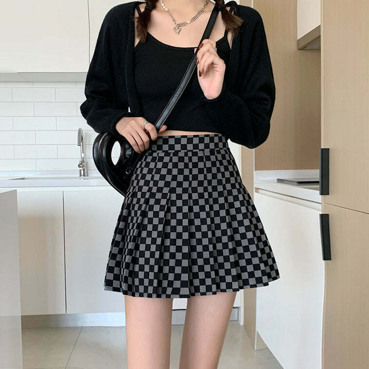 Y2K Checkered Print Pleated Skirt - 90s Grunge, Retro Summer, Pastel Goth, Party