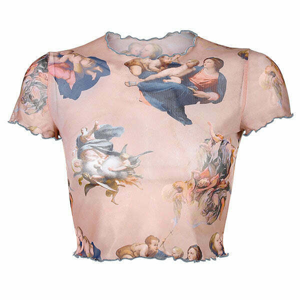 Y2K Cherub Print Crop Top - 90s Grunge, Retro Summer Outfit, Pastel Goth, Y2