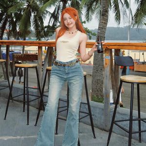 Y2K Chic Blue High Waist Wide Leg Jeans - Vintage Streetwear Fashion for Women