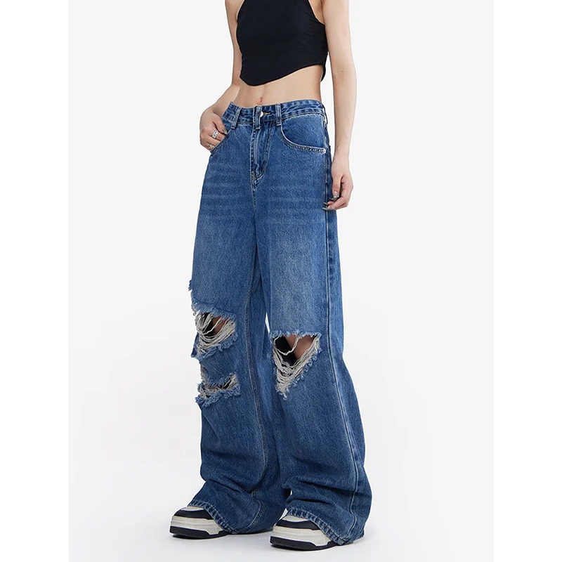 Y2K Chic Blue Jeans: High Waist American Fashion Streetwear Wide Leg Denim Pants