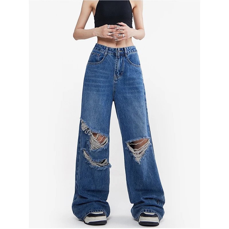 Y2K Chic Blue Jeans: High Waist American Fashion Streetwear Wide Leg Denim Pants