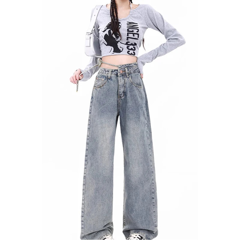 Y2K Chic High Waist Blue Jeans with Belt - American Streetwear Fashion for Women