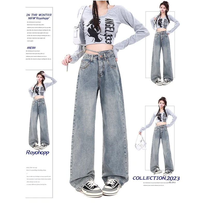 Y2K Chic High Waist Blue Jeans with Belt - American Streetwear Fashion for Women