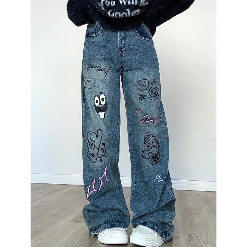 Y2K Chic Vintage Streetwear Blue Jeans for Women - Graffiti High Waist Wide Leg Denim Pants