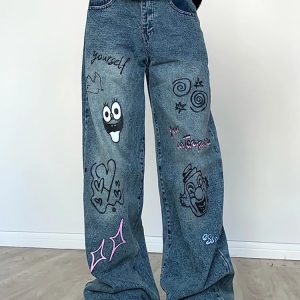 Y2K Chic Vintage Streetwear Blue Jeans for Women - Graffiti High Waist Wide Leg Denim Pants