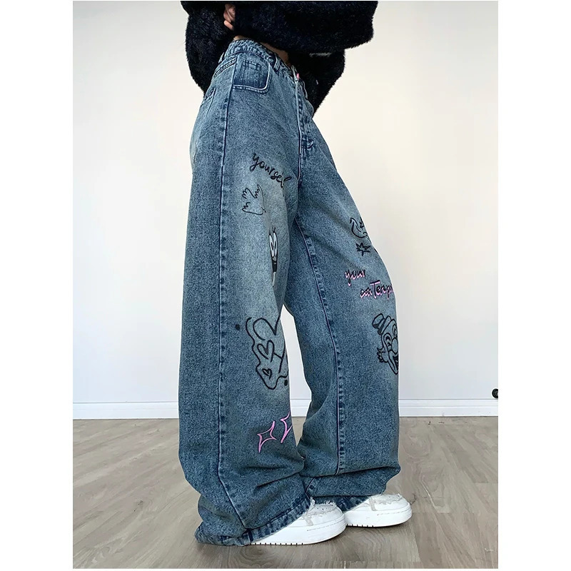 Y2K Chic Vintage Streetwear Blue Jeans for Women - Graffiti High Waist Wide Leg Denim Pants