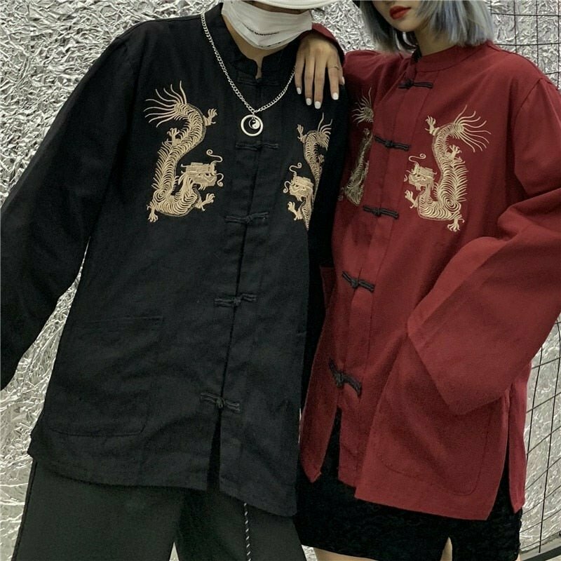 Y2K Chinese Dragon Embroidery Shirt - 90s Grunge, Retro, and Summer Y2K Fashion