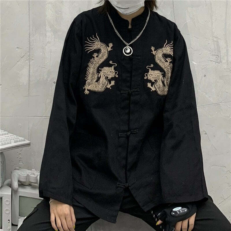 Y2K Chinese Dragon Embroidery Shirt - 90s Grunge, Retro, and Summer Y2K Fashion