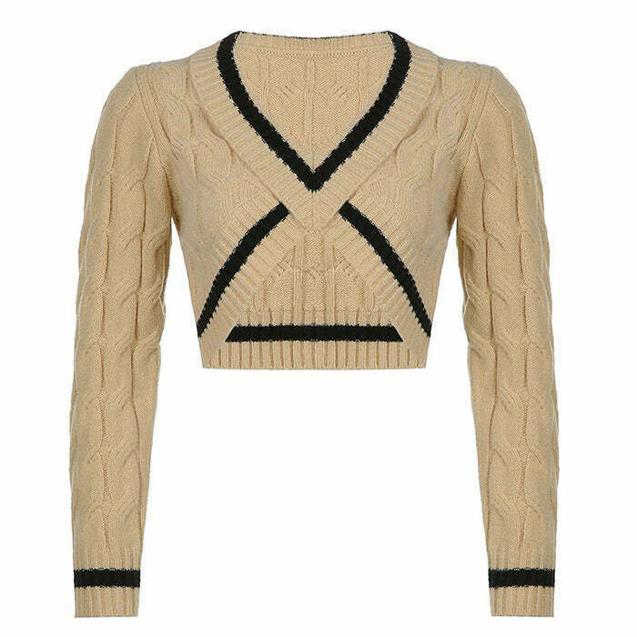 Y2K Coffee Cream Cropped Sweater - 90s Grunge, Retro Summer, Pastel Goth, Y2