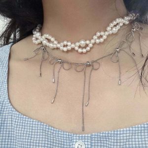 Y2K Coquette Aesthetic Silver Bows Choker - 90s Grunge, Retro, Pastel Goth,