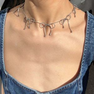 Y2K Coquette Aesthetic Silver Bows Choker - 90s Grunge, Retro, Pastel Goth,