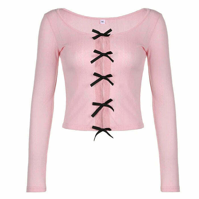 Y2K Coquette Bow Long Sleeve Split Top - 90s Grunge, Retro, Pastel Goth, Summer Outfit