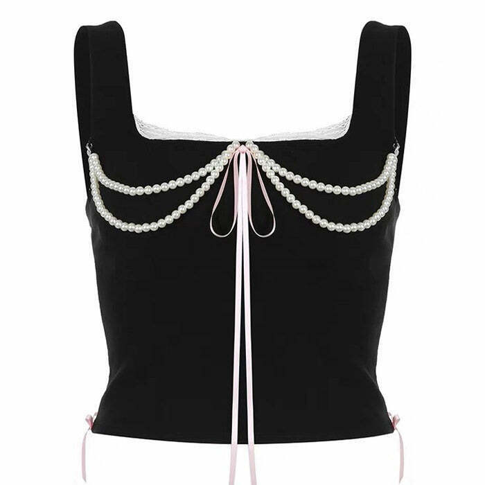 Y2K Coquette Bow Pearl Bustier Top - 90s Grunge, Retro, Summer, Party, and Club