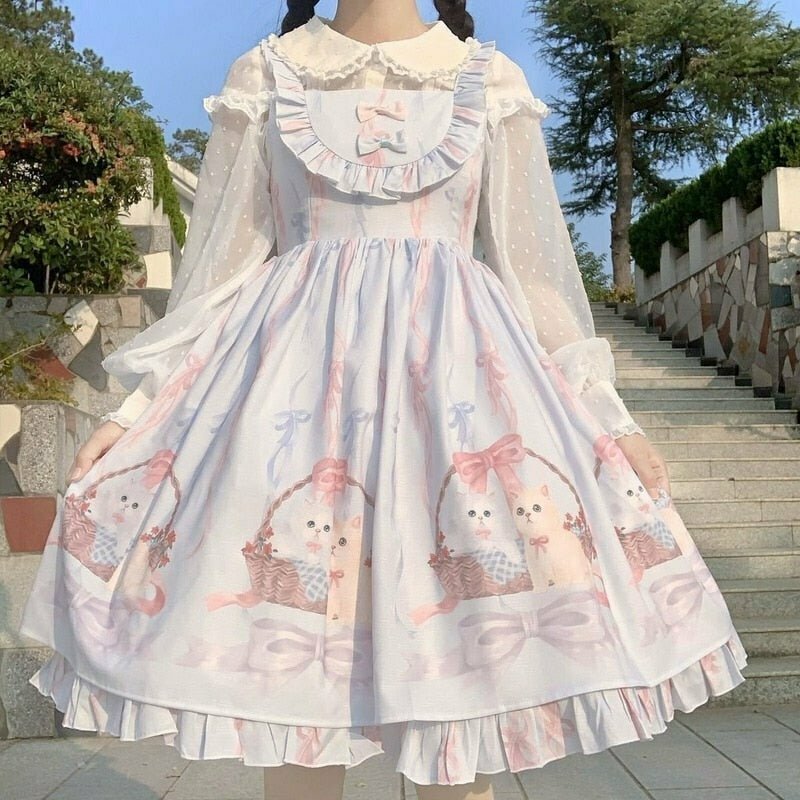 Y2K Coquette Cats Tea Party Dress - Retro 90s Grunge, Summer Outfits, and Pastel Goth