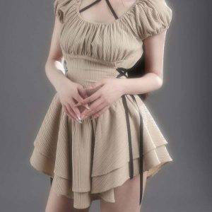 Y2K Coquette Mini Dress in Beige - Retro 90s Fashion, Grunge, and Summer Party Outfit