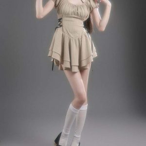 Y2K Coquette Mini Dress in Beige - Retro 90s Fashion, Grunge, and Summer Party Outfit