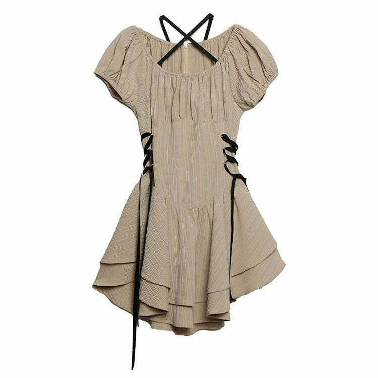 Y2K Coquette Mini Dress in Beige - Retro 90s Fashion, Grunge, and Summer Party Outfit