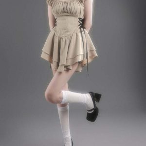 Y2K Coquette Mini Dress in Beige - Retro 90s Fashion, Grunge, and Summer Party Outfit