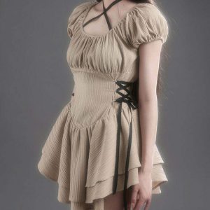 Y2K Coquette Mini Dress in Beige - Retro 90s Fashion, Grunge, and Summer Party Outfit