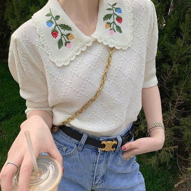 Y2K Cottagecore Collar Top - Retro 90s Grunge, Summer Outfits, Pastel Goth, Baby Te